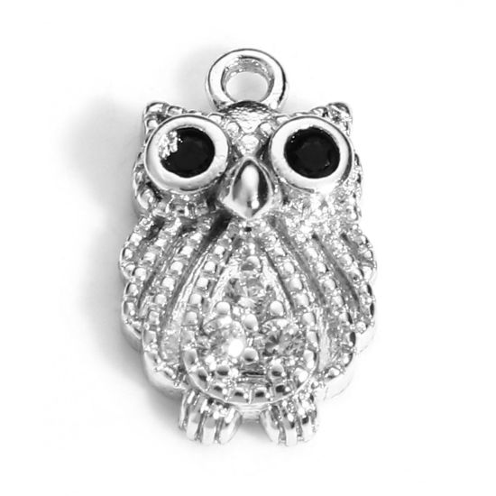 Immagine di Ottone Halloween Charms Gufo Vero Platino Placcato Micro Spianare Trasparente & Nero Cubic Zirconiae 13mm x 8mm, 2 Pz
