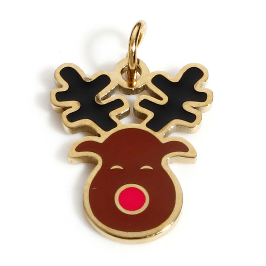 Picture of 1 Piece Vacuum Plating 316 Stainless Steel Exquisite Charms 18K Real Gold Plated Christmas Reindeer Enamel 12.5mm x 9.5mm