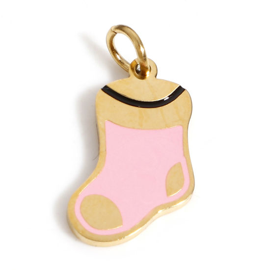 Picture of 1 Piece Vacuum Plating 316 Stainless Steel Exquisite Charms 18K Real Gold Plated Christmas Stocking Enamel 14mm x 8mm