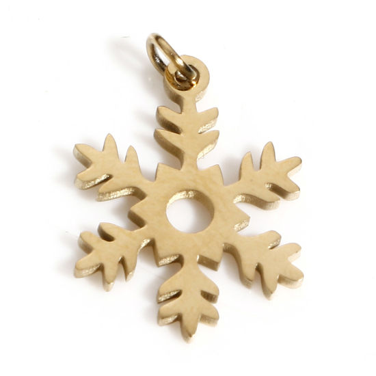 Picture of 1 Piece Vacuum Plating 316 Stainless Steel Exquisite Charms 18K Real Gold Plated Christmas Snowflake 13mm x 9.5mm