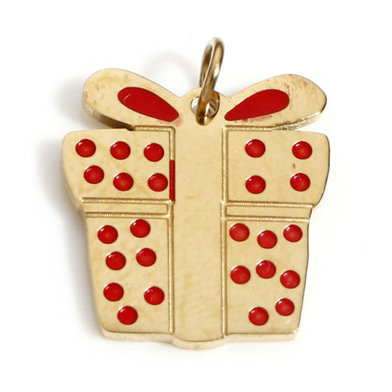 Picture of 1 Piece Vacuum Plating 316 Stainless Steel Exquisite Charms 18K Real Gold Plated Christmas Gift Box Enamel 12.5mm x 11mm