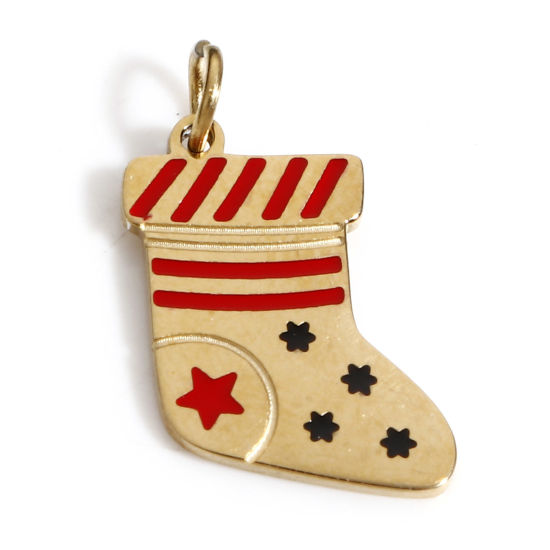 Picture of 1 Piece Vacuum Plating 316 Stainless Steel Exquisite Charms 18K Real Gold Plated Christmas Stocking Pentagram Star Enamel 15mm x 9mm
