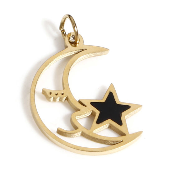 Picture of 1 Piece Vacuum Plating 316 Stainless Steel Galaxy Charms 18K Real Gold Plated Pentagram Star Moon Face 15mm x 11mm