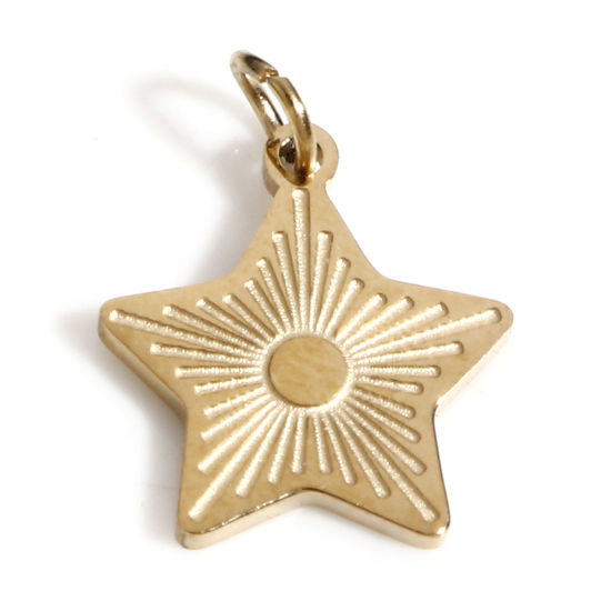 Picture of 1 Piece Vacuum Plating 316 Stainless Steel Galaxy Charms 18K Real Gold Plated Pentagram Star Sunshine 10.5mm x 9.5mm