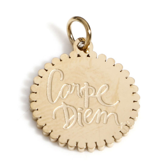 Picture of 1 Piece Vacuum Plating 316 Stainless Steel Galaxy Charms 18K Real Gold Plated Sun Message " Carpe Diem " 13.5mm x 12mm