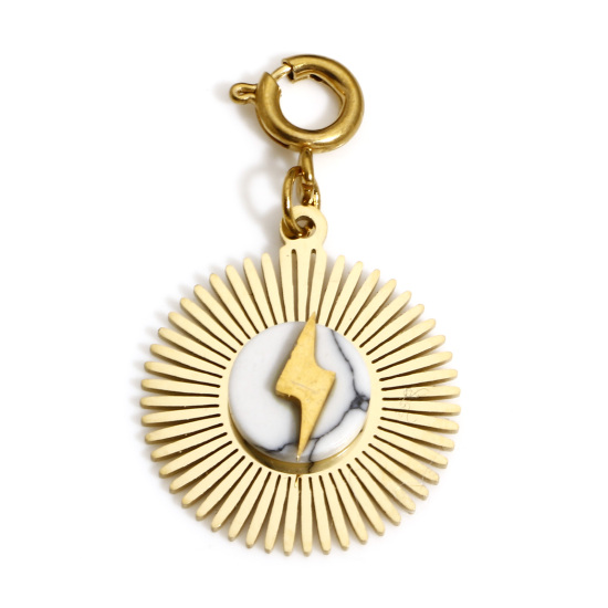 Изображение 304 Нержавеющая Сталь & Полудрагоценный Камень Клип На Подвески для марочных браслеты шарма Круглые 18K позолоченный Белый Солнце 18мм x 16мм, 1 ШТ