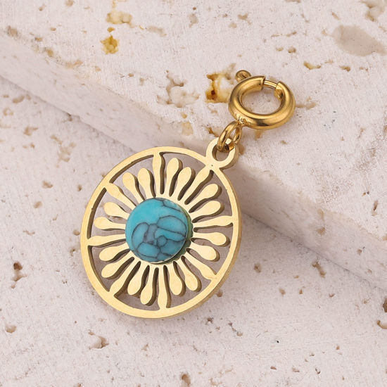 Изображение 304 Нержавеющая Сталь & Полудрагоценный Камень Клип На Подвески для марочных браслеты шарма Круглые 18K позолоченный Болотный Солнце 18мм x 16мм, 1 ШТ