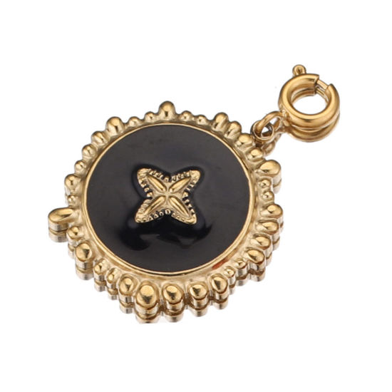 Изображение 304 Нержавеющая Сталь & Полудрагоценный Камень Клип На Подвески для марочных браслеты шарма Круглые 18K позолоченный Черный Крест 18мм x 16мм, 1 ШТ