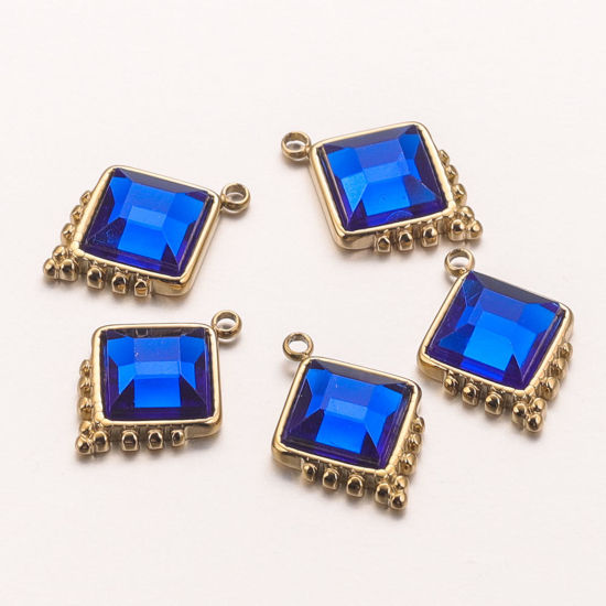 Image de Breloques en 304 Acier Inoxydable Losange Plaqué Or 18K à Strass Bleu 13mm Dia., 2 Pcs