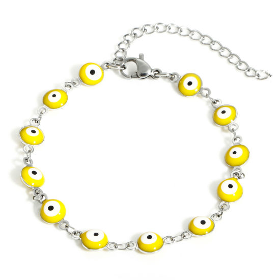 Immagine di 304 Acciaio Inossidabile Religione Catena a Maglia Fatta a Mano Braccialetti Tono Argento Giallo Tondo Malocchio Con Aragosta Fermagli Fibbia e Catena di Estensione 16.5cm Lunghezza, 1 Pz