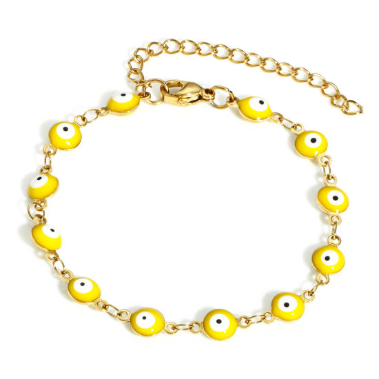 Immagine di 304 Acciaio Inossidabile Religione Catena a Maglia Fatta a Mano Braccialetti Oro Placcato Giallo Tondo Malocchio Con Aragosta Fermagli Fibbia e Catena di Estensione 16.5cm Lunghezza, 1 Pz