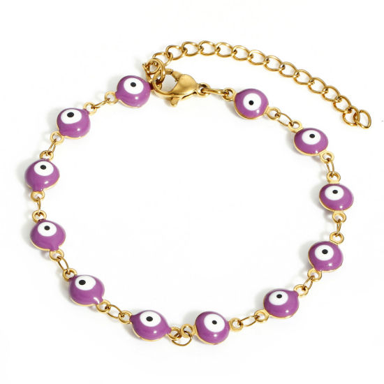 Immagine di 304 Acciaio Inossidabile Religione Catena a Maglia Fatta a Mano Braccialetti Oro Placcato Colore Viola Tondo Malocchio Con Aragosta Fermagli Fibbia e Catena di Estensione 16.5cm Lunghezza, 1 Pz