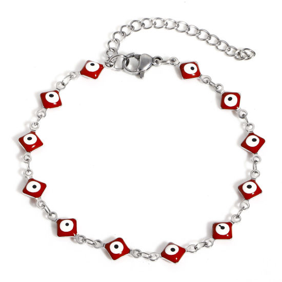Immagine di 304 Acciaio Inossidabile Religione Catena a Maglia Fatta a Mano Braccialetti Tono Argento Rosso Rombo Malocchio Con Aragosta Fermagli Fibbia e Catena di Estensione 16.5cm Lunghezza, 1 Pz