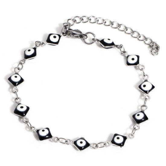 Immagine di 304 Acciaio Inossidabile Religione Catena a Maglia Fatta a Mano Braccialetti Tono Argento Nero Rombo Malocchio Con Aragosta Fermagli Fibbia e Catena di Estensione 16.5cm Lunghezza, 1 Pz