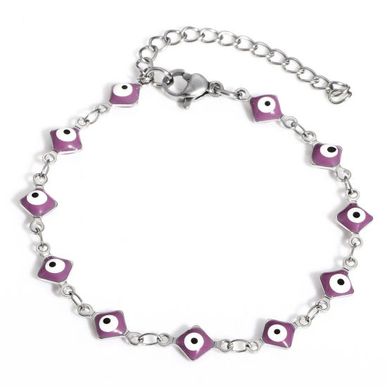 Immagine di 304 Acciaio Inossidabile Religione Catena a Maglia Fatta a Mano Braccialetti Tono Argento Colore Viola Rombo Malocchio Con Aragosta Fermagli Fibbia e Catena di Estensione 16.5cm Lunghezza, 1 Pz