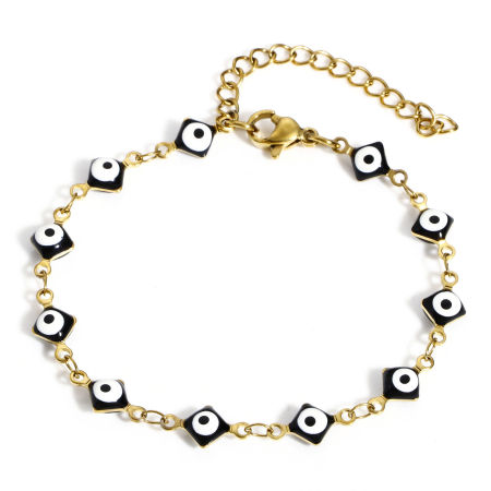 Image de Bracelets Chaîne à Maillons Faite à la Main Religieux en 304 Acier Inoxydable Doré Noir Losange Œil Mauvais avec Fermoir Mousqueton et Chaîne d'Extension 16.5cm long, 1 Pièce