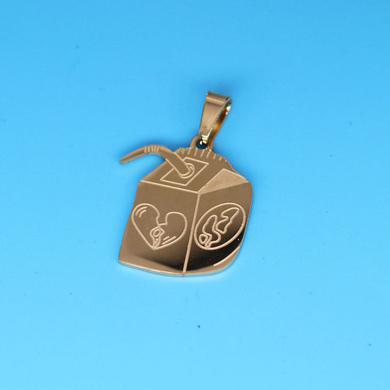 Picture of 1 Piece Vacuum Plating 304 Stainless Steel Stylish Charms Gold Plated Milk Carton Heart 2.1cm x 1.8cm