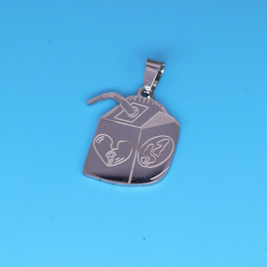 Picture of 304 Stainless Steel Stylish Charms Silver Tone Milk Carton Heart 2.1cm x 1.8cm, 1 Piece