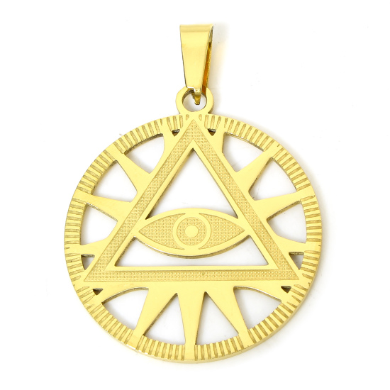 Picture of 1 Piece Vacuum Plating 304 Stainless Steel Religious Pendants Gold Plated Round The Eye Of Horus 3.4cm x 3cm
