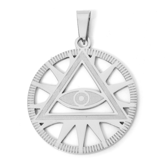 Picture of 304 Stainless Steel Religious Pendants Silver Tone Round The Eye Of Horus 3.4cm x 3cm, 1 Piece