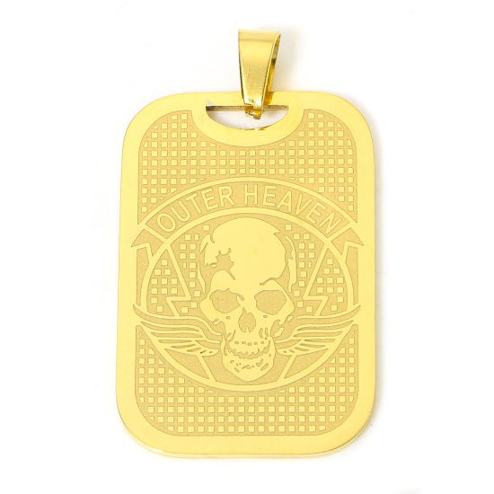 Picture of 1 Piece Vacuum Plating 304 Stainless Steel Stylish Pendants Gold Plated Rectangle Skull 3.5cm x 2.4cm