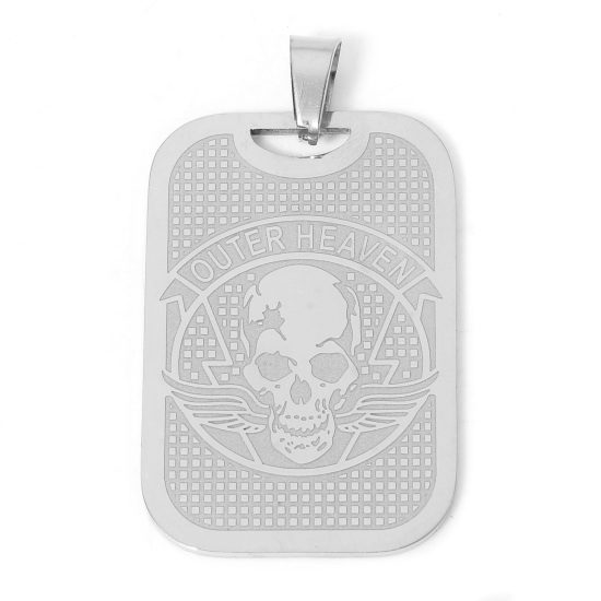Picture of 304 Stainless Steel Stylish Pendants Silver Tone Rectangle Skull 3.5cm x 2.4cm, 1 Piece