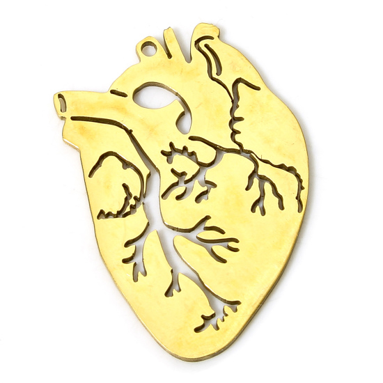 Picture of 2 PCs Vacuum Plating 304 Stainless Steel Medical Charms Gold Plated Anatomical Human Heart 2.8cm x 2.1cm