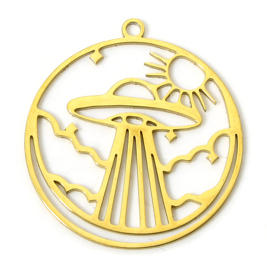 Picture of 2 PCs Vacuum Plating 304 Stainless Steel Stylish Charms Gold Plated Spaceship Sun 2.7cm x 2.3cm