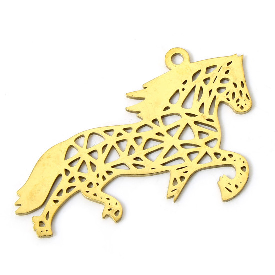 Picture of 2 PCs Vacuum Plating 304 Stainless Steel Origami Pendants Gold Plated Horse Animal 4cm x 3cm