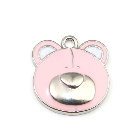 Picture of 5 PCs Zinc Based Alloy Cute Charms Silver Tone Pink Bear Animal Enamel 21mm x 19mm