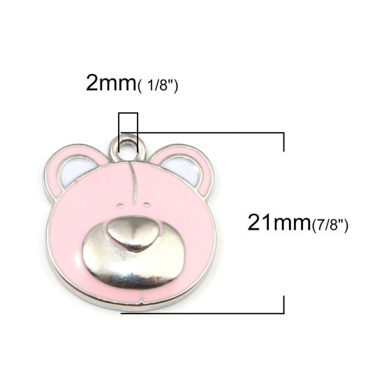 Picture of 5 PCs Zinc Based Alloy Cute Charms Silver Tone Pink Bear Animal Enamel 21mm x 19mm