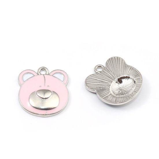 Picture of 5 PCs Zinc Based Alloy Cute Charms Silver Tone Pink Bear Animal Enamel 21mm x 19mm