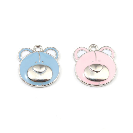 Picture of 5 PCs Zinc Based Alloy Cute Charms Silver Tone Pink Bear Animal Enamel 21mm x 19mm