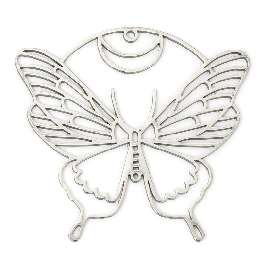 Picture of 304 Stainless Steel Insect Pendants Silver Tone Butterfly Animal Hollow 3.5cm x 3.4cm, 3 PCs