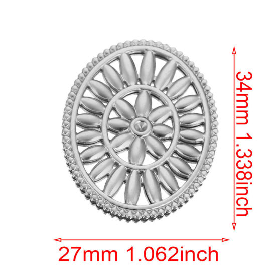 Image de Connecteurs Pendentifs Breloques en 304 Acier Inoxydable Ovale Argent Mat Fleurs Creuses 27mm x 34mm , 1 Pièce