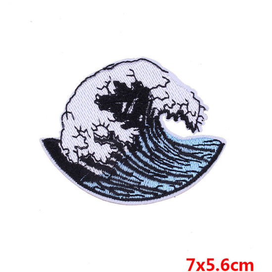 Picture of Polyester Iron On Patches Appliques (With Glue Back) DIY Sewing Craft Clothing Decoration Multicolor Wave 7cm x 5.6cm, 2 PCs
