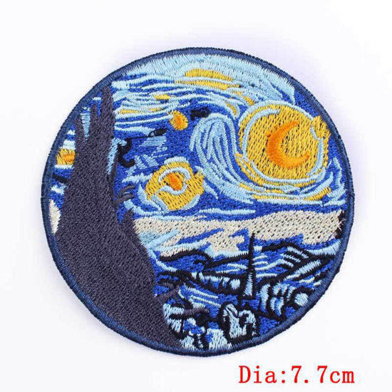 Picture of Polyester Iron On Patches Appliques (With Glue Back) DIY Sewing Craft Clothing Decoration Multicolor Wave Moon 7.7cm Dia., 2 PCs