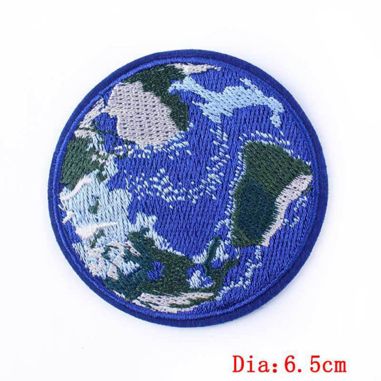 Picture of Polyester Iron On Patches Appliques (With Glue Back) DIY Sewing Craft Clothing Decoration Multicolor Planet Earth 6.5cm Dia., 2 PCs