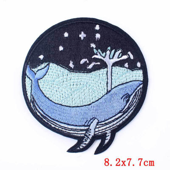 Picture of Polyester Iron On Patches Appliques (With Glue Back) DIY Sewing Craft Clothing Decoration Multicolor Wave Whale Animal 8.1cm x 7.7cm, 2 PCs