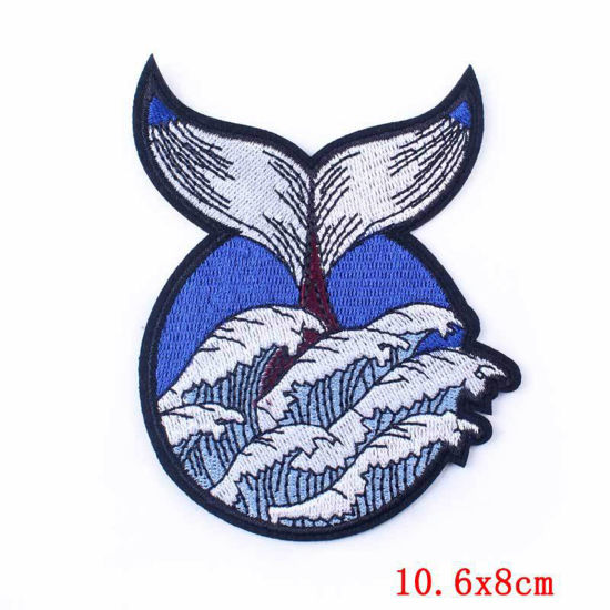 Picture of Polyester Iron On Patches Appliques (With Glue Back) DIY Sewing Craft Clothing Decoration Multicolor Wave Fishtail 10.6cm x 8cm, 2 PCs