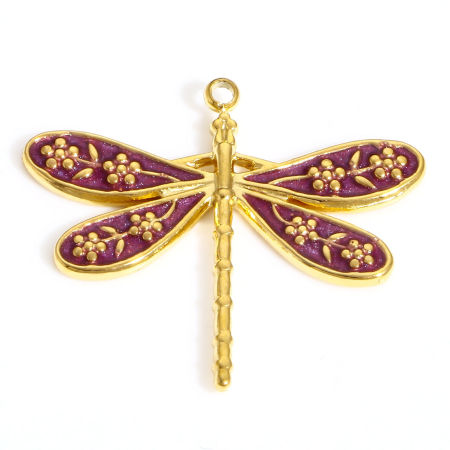 Immagine di 304 Acciaio Inossidabile Insetto Charms Libellula Colore Oro 18K Colore Viola Fiore Smalto 26.5mm x 23.5mm, 1 Pz