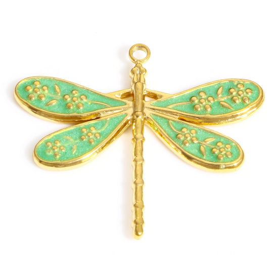 Picture of 304 Stainless Steel Insect Charms 18K Gold Color Emerald Green Dragonfly Animal Flower Enamel 26.5mm x 23.5mm, 1 Piece
