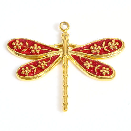 Picture of 304 Stainless Steel Insect Charms 18K Gold Color Red Dragonfly Animal Flower Enamel 26.5mm x 23.5mm, 1 Piece