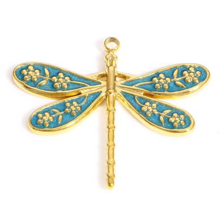 Immagine di 304 Acciaio Inossidabile Insetto Charms Libellula Colore Oro 18K Verde Blu Fiore Smalto 26.5mm x 23.5mm, 1 Pz