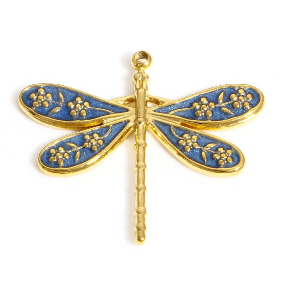 Picture of 304 Stainless Steel Insect Charms 18K Gold Color Blue Dragonfly Animal Flower Enamel 26.5mm x 23.5mm, 1 Piece