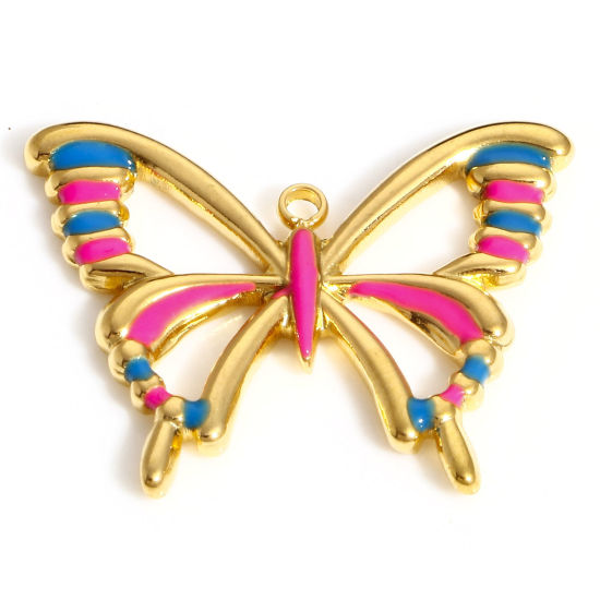 Picture of 304 Stainless Steel Insect Charms 18K Gold Color Blue & Pink Butterfly Animal Enamel 25mm x 20mm, 1 Piece