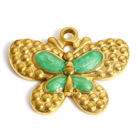 Picture of 304 Stainless Steel Insect Charms 18K Gold Color Green Butterfly Animal Enamel 24mm x 20mm, 1 Piece