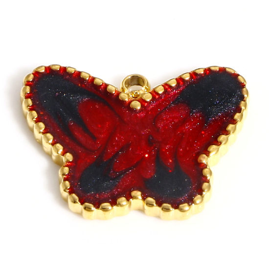 Picture of 304 Stainless Steel Insect Charms 18K Gold Color Black & Red Butterfly Animal Enamel 18mm x 14mm, 1 Piece