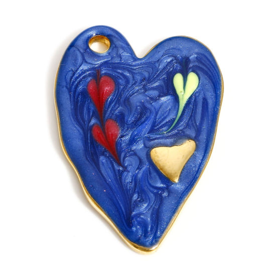 Picture of 304 Stainless Steel Valentine's Day Pendants Gold Plated Blue Heart Enamel 36mm x 24mm, 1 Piece