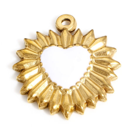Picture of 304 Stainless Steel Valentine's Day Charms Gold Plated White Heart Enamel 23mm x 20mm, 1 Piece